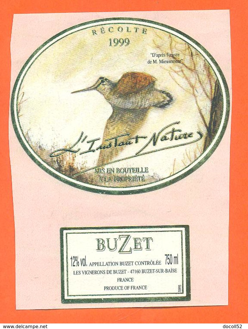 étiquette De Vin De Buzet L'instant Nature 1999 à Buzet Sur Baise - 75 Cl - Becasse - Chasse