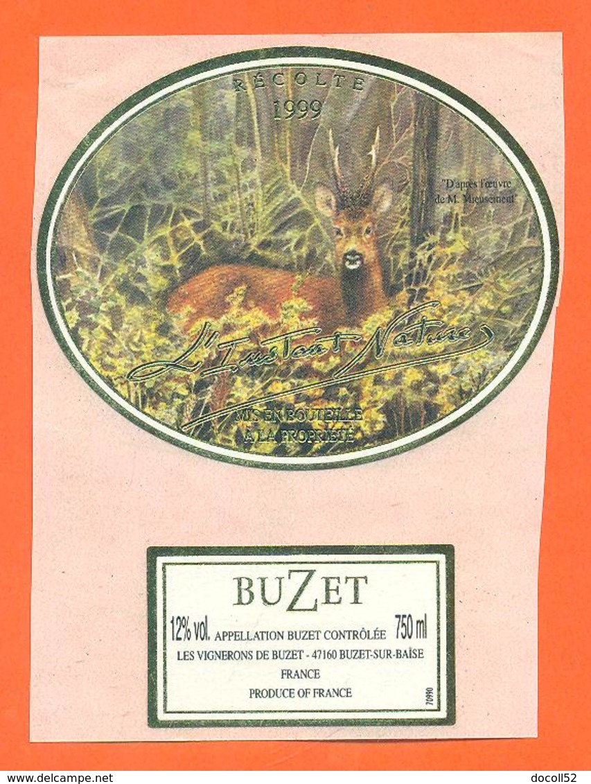 étiquette De Vin De Buzet L'instant Nature 1999 à Buzet Sur Baise - 75 Cl - Chevreuil - Chasse