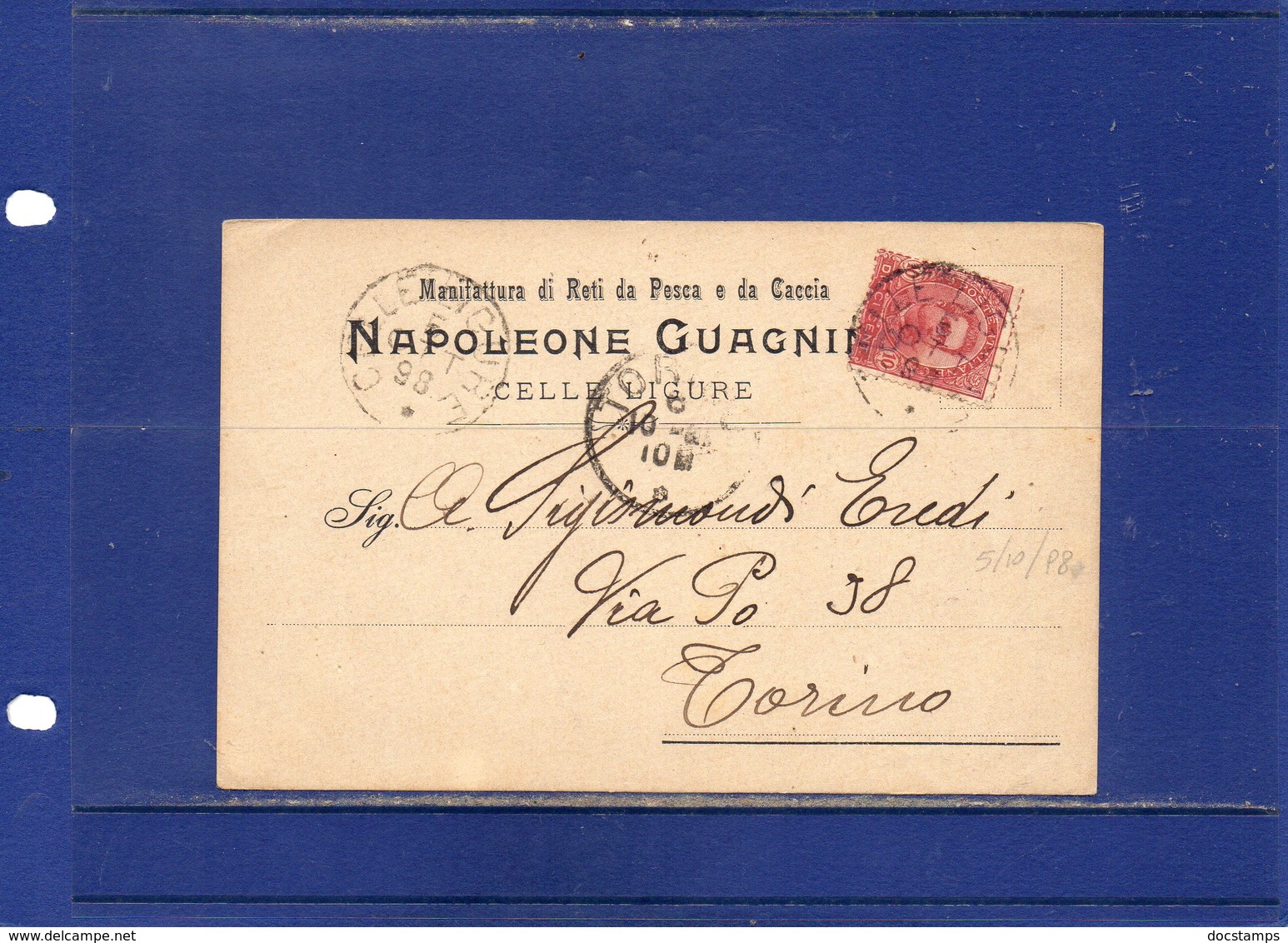 ##(DAN1810)-1898- Cartolina Intestata"Manifattura Di Reti Da Caccia E Da Pesca-Napoleone Guagnino-Celle Ligure" - Storia Postale