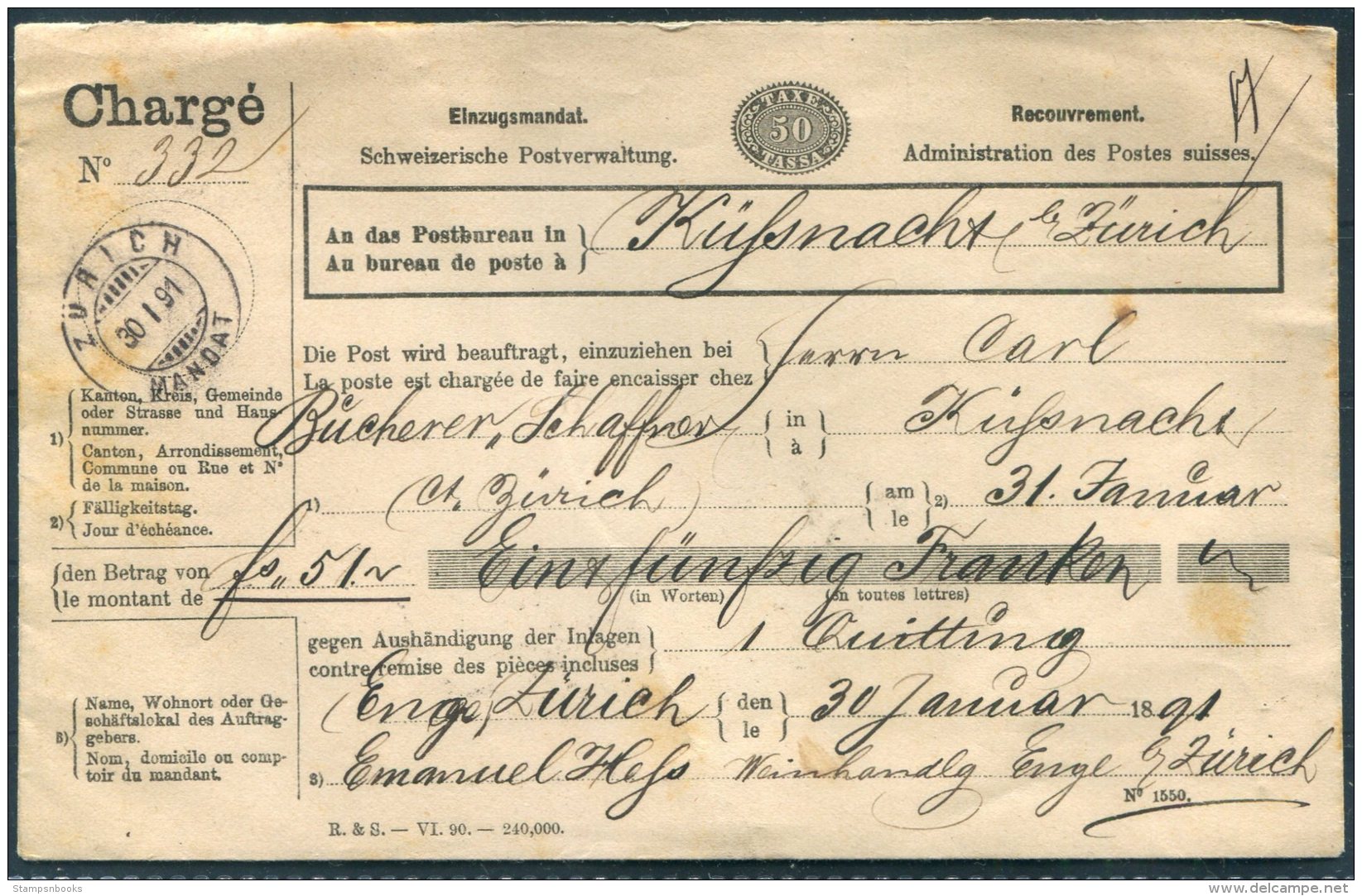 1891 Switzerland Charge 50 Taxe Tassa Stationery Cover. Zurich Kussnacht - Ganzsachen