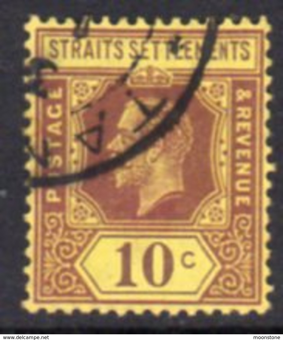 Malaya Straits Settlements GV 1921-33 10c Purple On Bright Yellow Paper, Die II, Wmk. Multiple Script CA, Used, SG 231ba - Straits Settlements