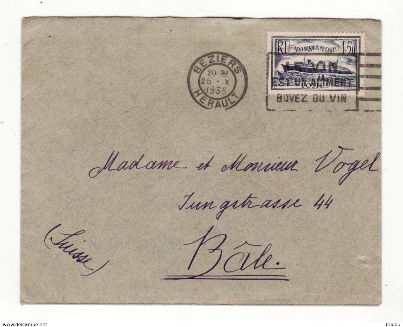 Lettre De 1935   Avec Timbre Paquebot Normandie   Cachet De BEZIERS - Lettres & Documents