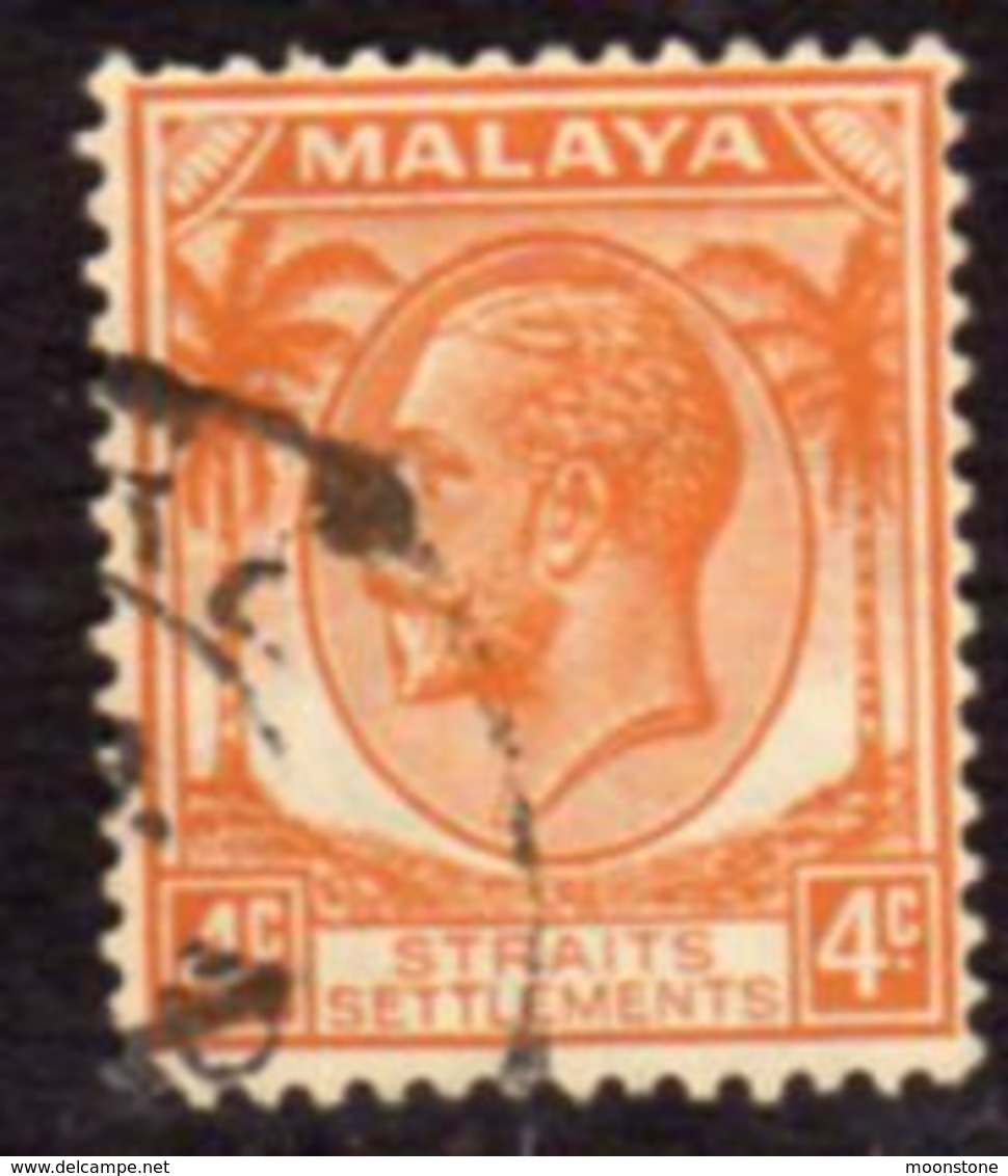 Malaya Straits Settlements GV 1936 4c Orange, Chalky Paper, Wmk. Multiple Script CA, Used, SG 262 - Straits Settlements