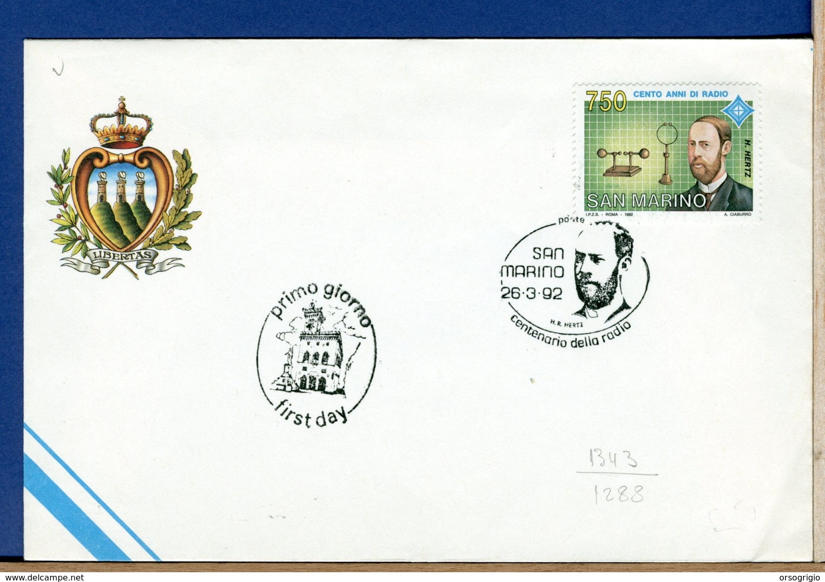 SAN MARINO - FDC  1992  -  CENTO ANNI DI RADIO -  HERTZ - Télécom