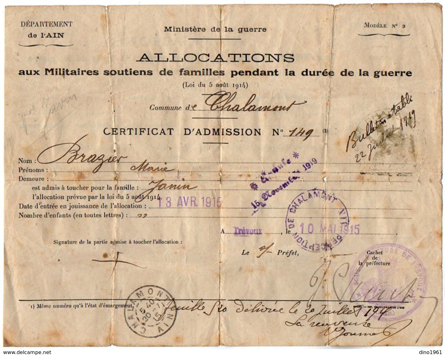 VP13.150 - MILITARIA - Guerre 14 / 18 - TREVOUX 1915 - Allocations Aux Militaires ....Certificat D'Admission BRAZIER - Documenti