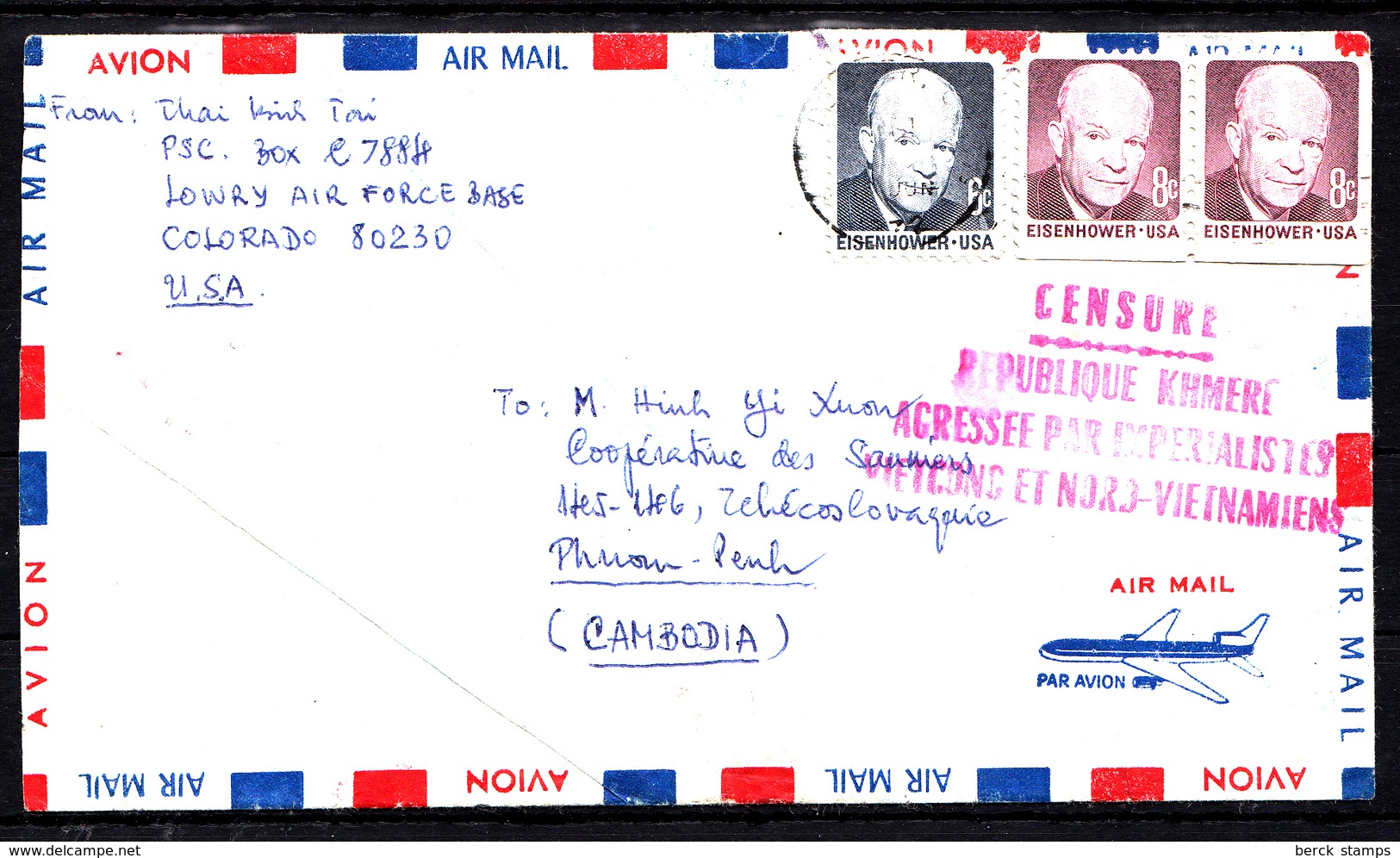 ETATS-UNIS - N° 897/922 - COURRIER POUR LE CAMBODGE - CENSURE "REPUBLIQUE KMERE AGRESSEE PAR L'IMPERIALISTE...."22.06.72 - Poststempel