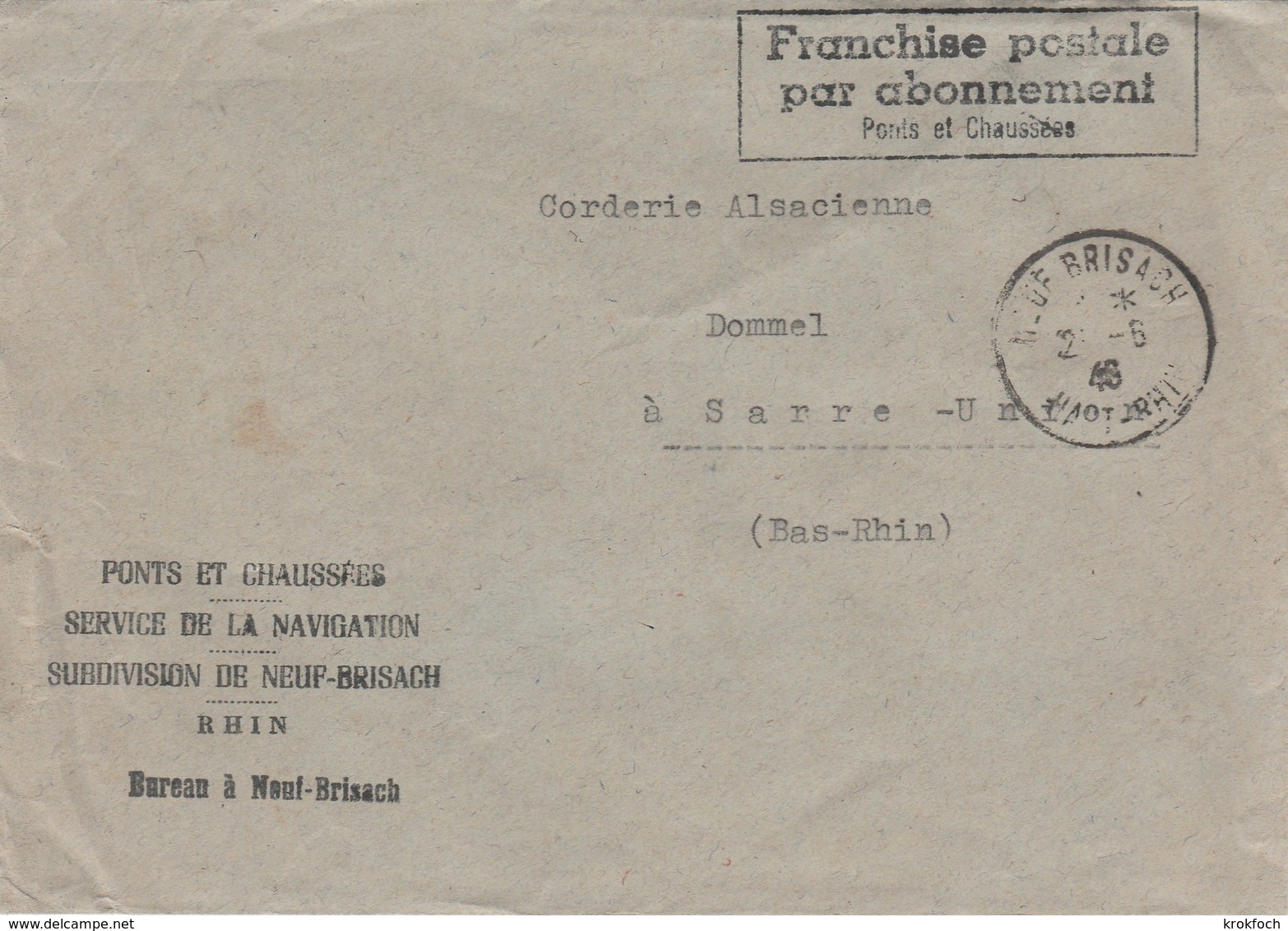 Ponts Et Chaussée Neuf-Brisach 1946 - Franchise Postale Par Abonnement - Autres & Non Classés