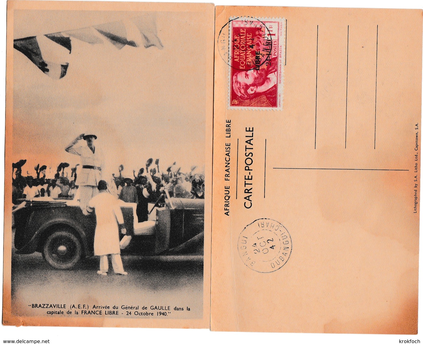 Bangui 1942 - AEF Libre Avec Surcharge - Sur Carte Tâchée Général De Gaulle - Scan Recto-verso - 2. Weltkrieg 1939-1945