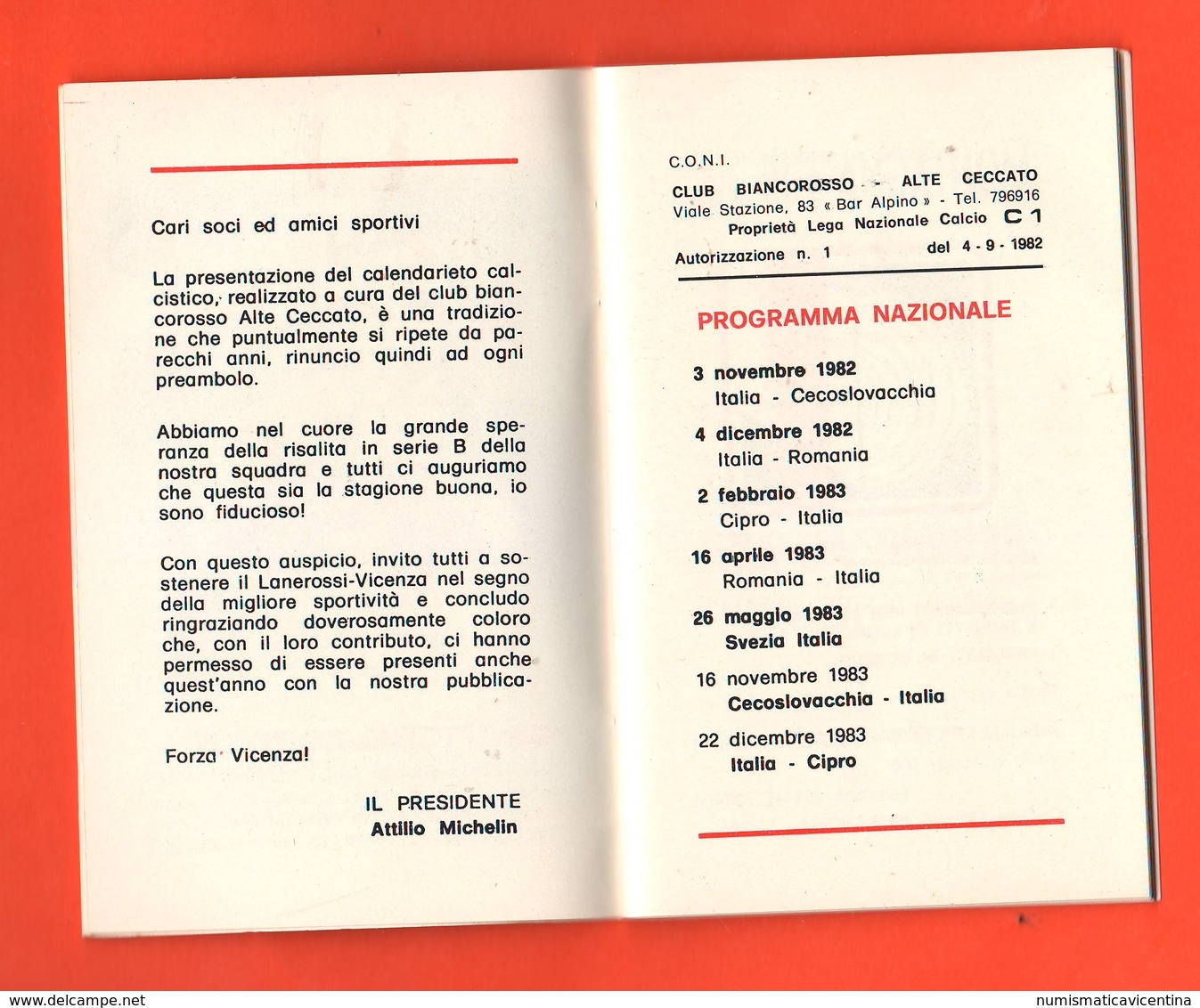 Lanerossi Vicenza Calcio Calendario Campionato Calcio 1982 / 83 Serie C Emesso Dal Club Alte Ceccato Vi - Formato Piccolo : 1981-90