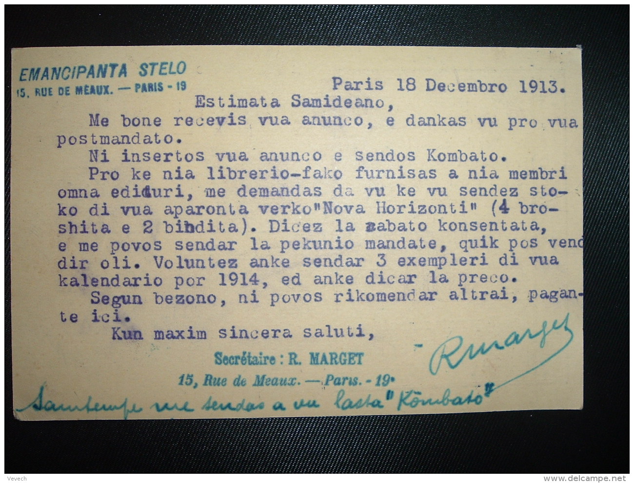 CP TP FRANCE TP SEMEUSE 10c OBL.MEC.18 DECE 13 PARIS XIX Pour ALLEMAGNE + IDO Esperanto Réformé - Esperanto