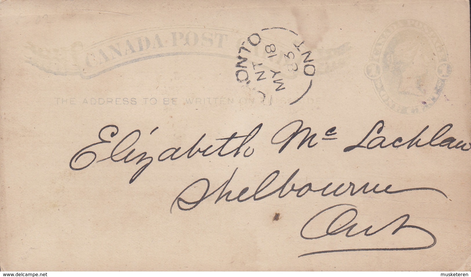 Canada Postal Stationery Ganzsache Entier 1c. Victoria PRIVATE Print CANADIA MUTUAL AID ASSOCIATION, TORONTO 1883 - 1860-1899 Regering Van Victoria