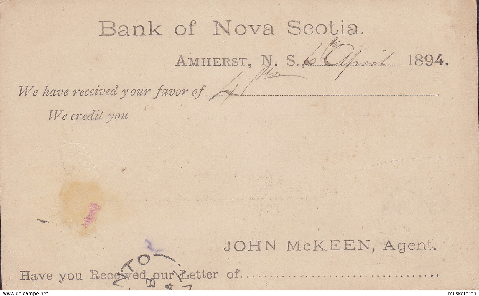 Canada Postal Stationery Ganzsache Entier 1c. Victoria PRIVATE Print BANK OF NOVA SCOTIA, AMHERST 1894 (2 Scans) - 1860-1899 Regering Van Victoria