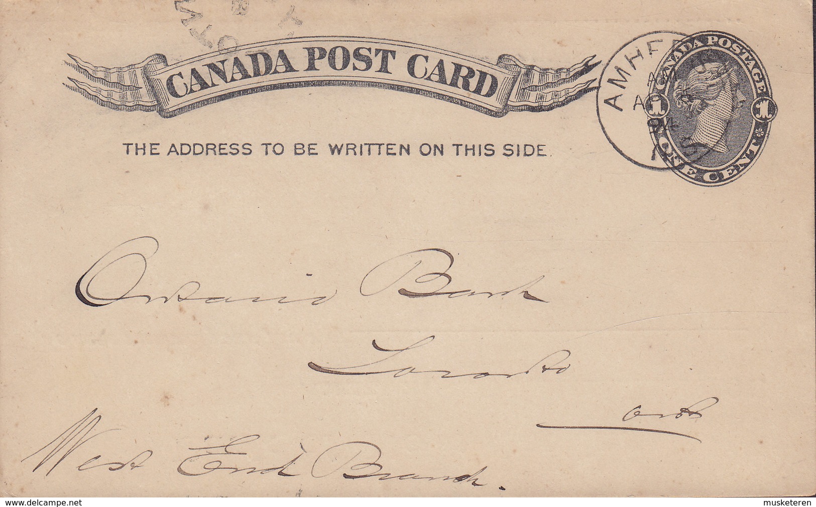 Canada Postal Stationery Ganzsache Entier 1c. Victoria PRIVATE Print BANK OF NOVA SCOTIA, AMHERST 1894 (2 Scans) - 1860-1899 Regering Van Victoria