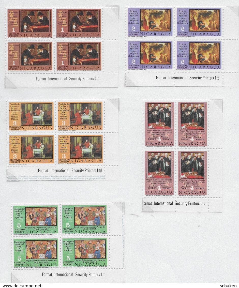 Nicaragua 1976; Chess Schaken ; Full Set 11x In Cornerblocs Of 4 With Printerremarks - Nicaragua