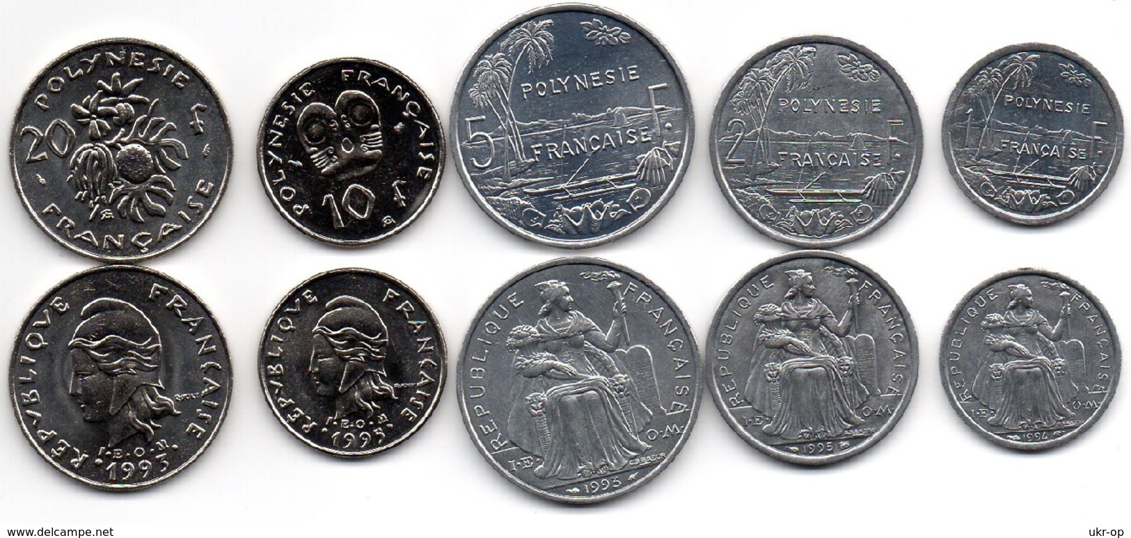 French Pacific - Set 5 Coins 1 2 5 10 20 Francaise 1994 - 1995 UNC Ukr-OP - Frans-Polynesië