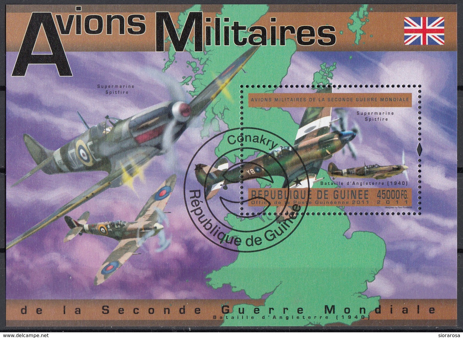 Guinea 2011 Bf. 2052A Supermarine Spitfire Avions Militaires Aviazione Sheet Perf. CTO Guinee - Guinea (1958-...)