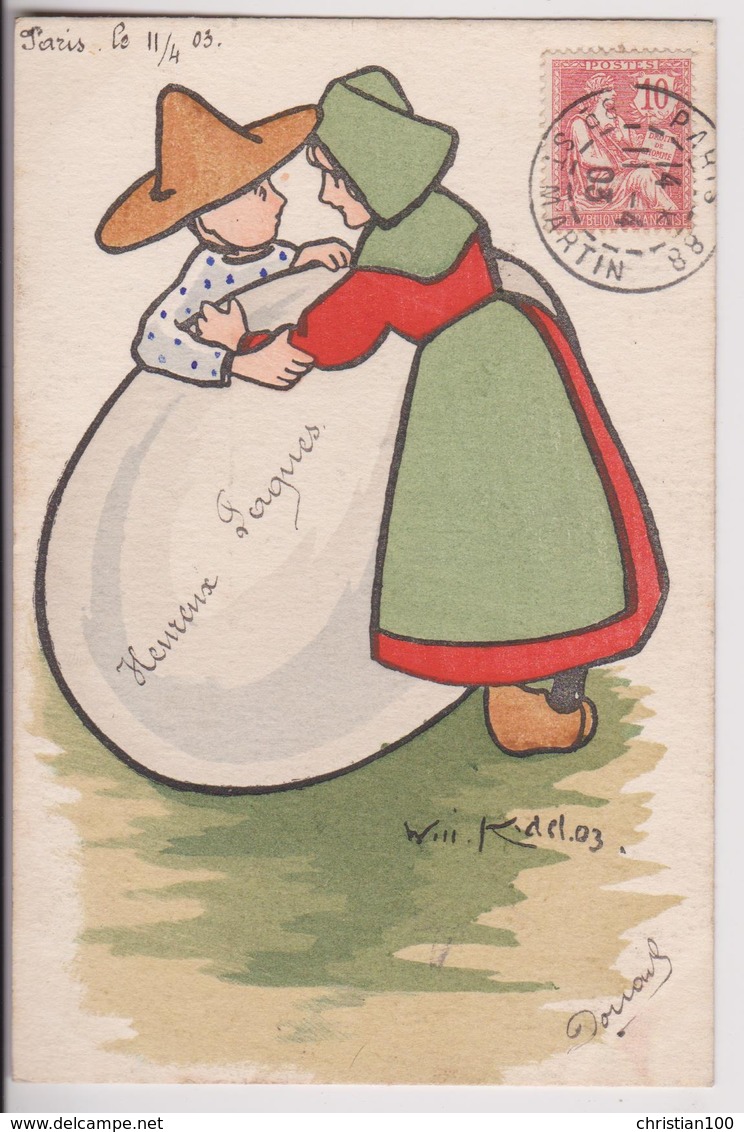 CP ILLUSTREE MM VIENNE : JEUNES AMOUREUX - COSTUMES REGIONAUX - GROS OEUF - HEUREUX PAQUES - ECRITE 1903 - 2 SCANS - - Vienne