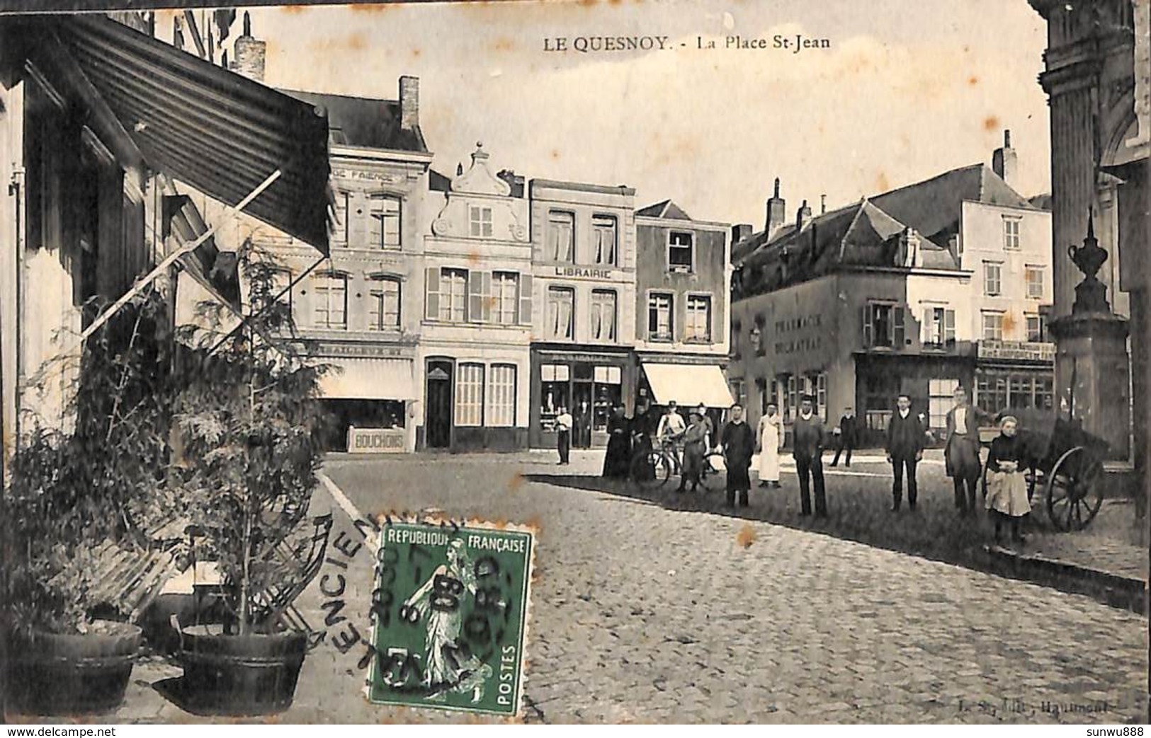 59 - Le Quesnoy - La Place St Jean (très Belle Carte Animée, Commerces, 1908, Edit Laffineur Samin LS) - Le Quesnoy