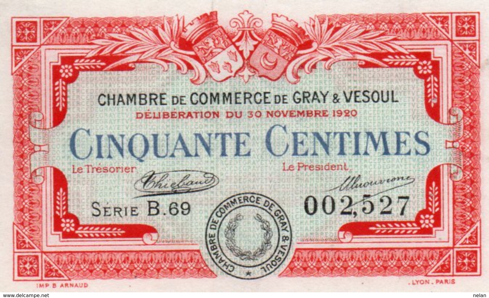 FRANCIA -0,50 CENTIMES 1920-CHAMBRE DE COMMERCE DE GRAY&VESOUL-UNC - Chamber Of Commerce