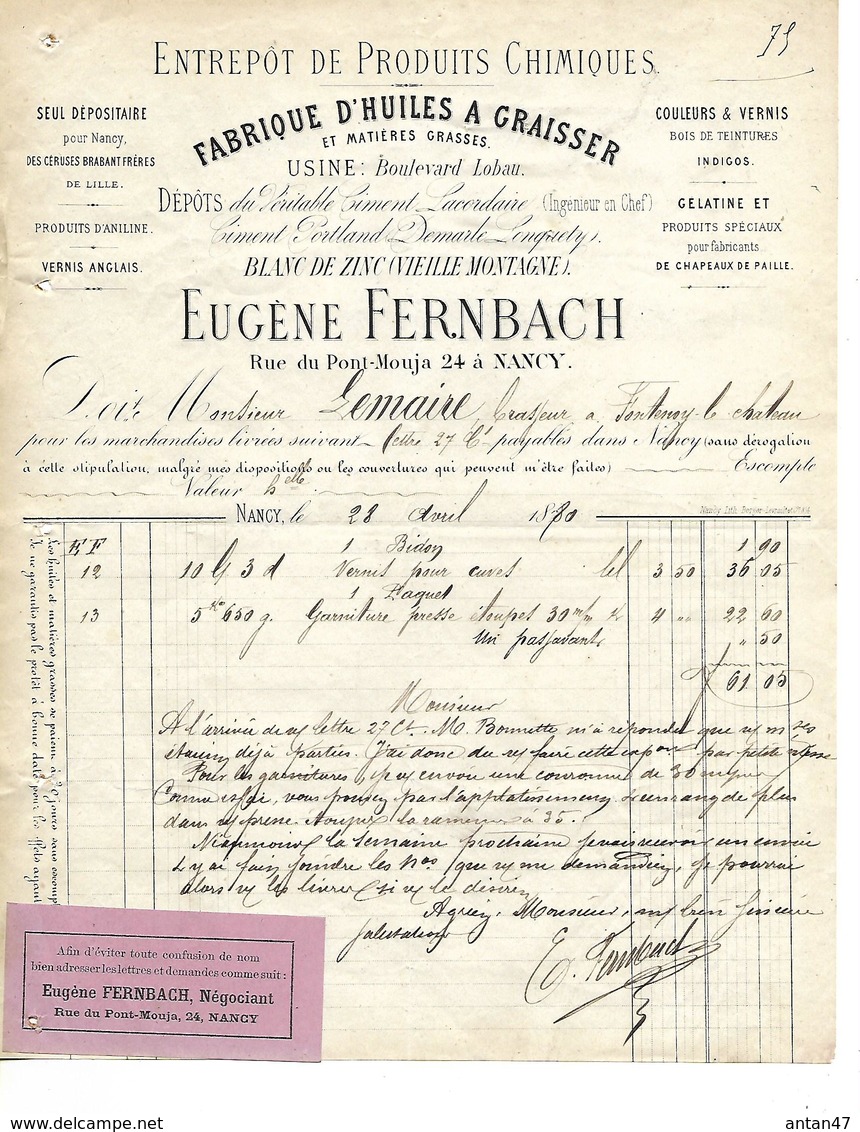 Facture Lettre 1880 / 54 NANCY/ E. FERNBACH / Fabrique D'huiles à Graisser, Blanc De Zinc / LEMAIRE Brasseur Fontenoy 88 - 1800 – 1899