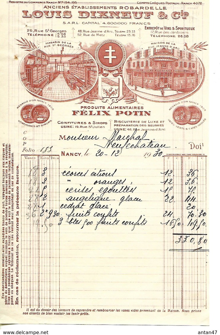 Facture  1/2 Format 1930 / 54 NANCY/ L. DIXNEUF / ROBARDELLE / Produits Alimentaires FELIX POTIN, Biscuiterie, Confiture - 1900 – 1949