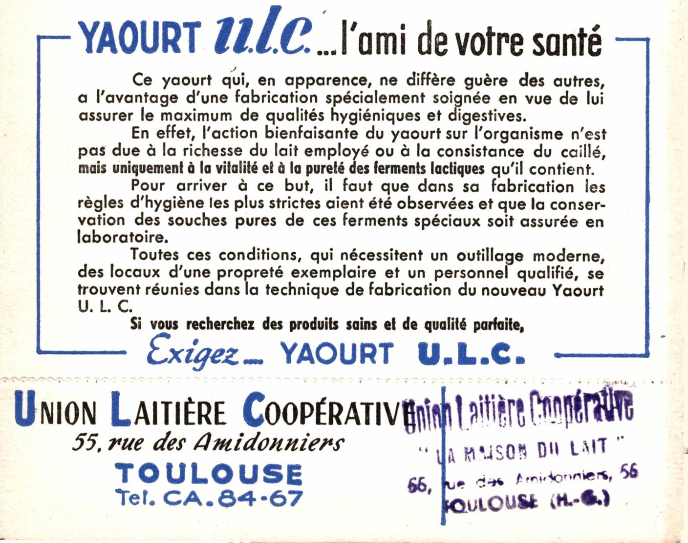 6516  -2018     PUBLICITE LE YAOURT UCL UNION LAITIERE COOPERATIVE 55 RUE DES AMIDONNIERS TOULOUSE - Publicidad