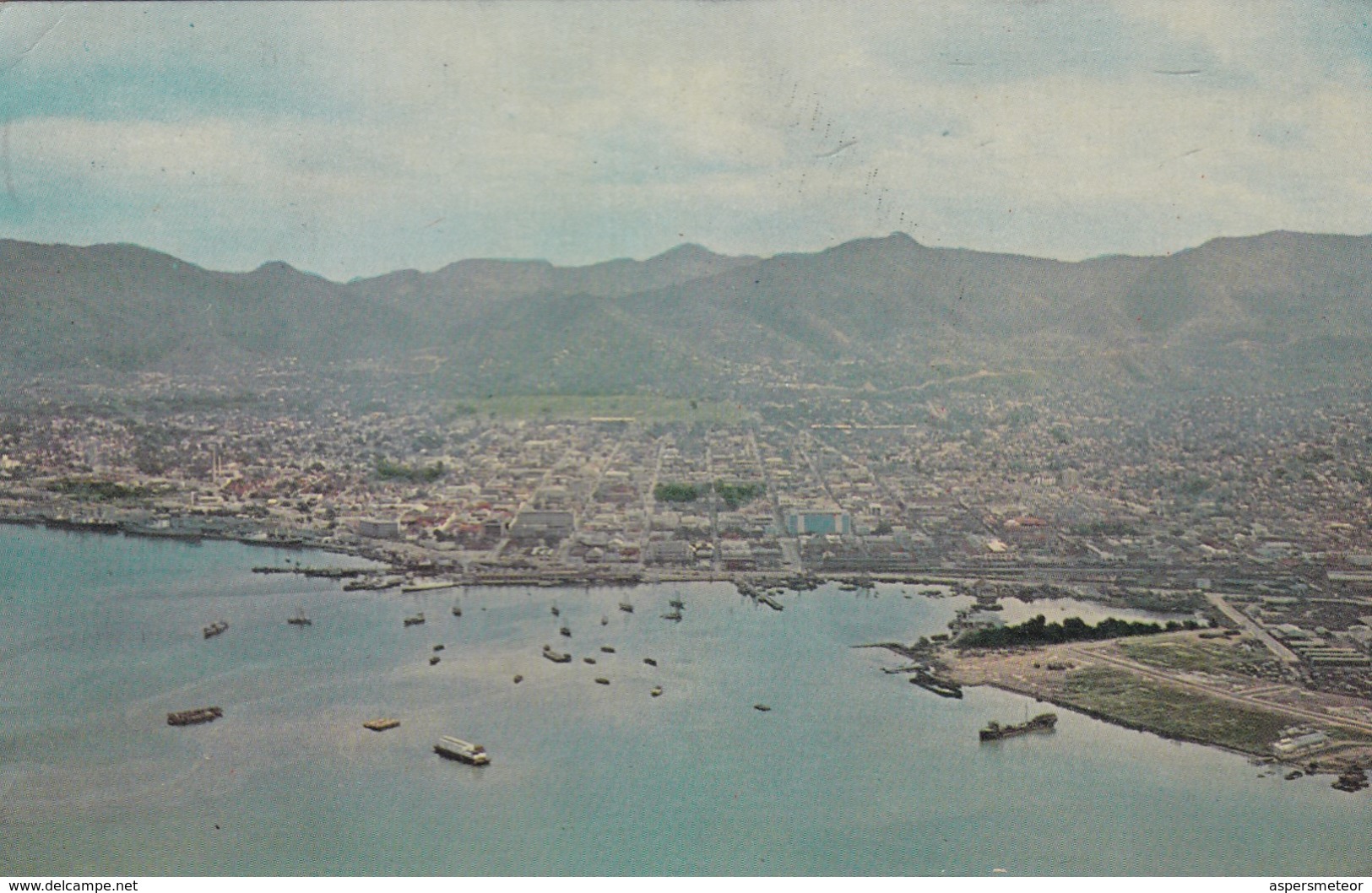 AERIAL VIEW, HARBOUR AND CITY, PORT OF SPAIN, TRINIDAD.CIRCULEE PORT SPAIN TO LIMA, PERU CIRCA 1964.- BLEUP - Trinidad