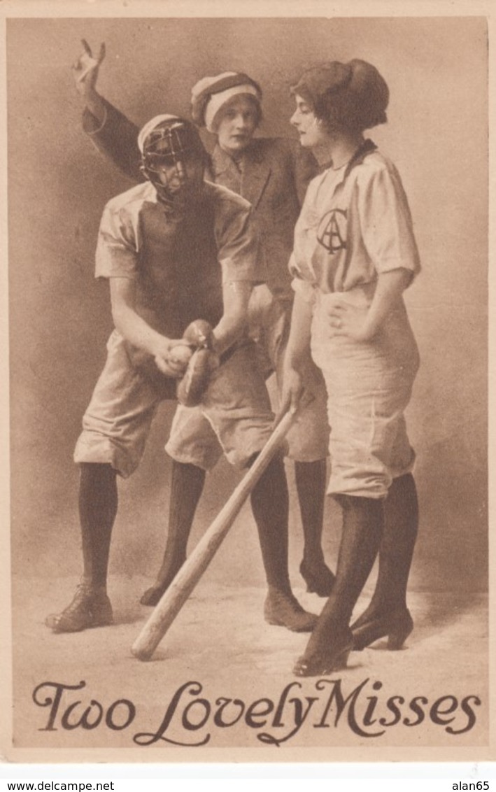 Romance Baseball Theme 'Two Lovely Misses' Women As Umpire And Batter, 1900s/10s Vintage Postcard - Couples