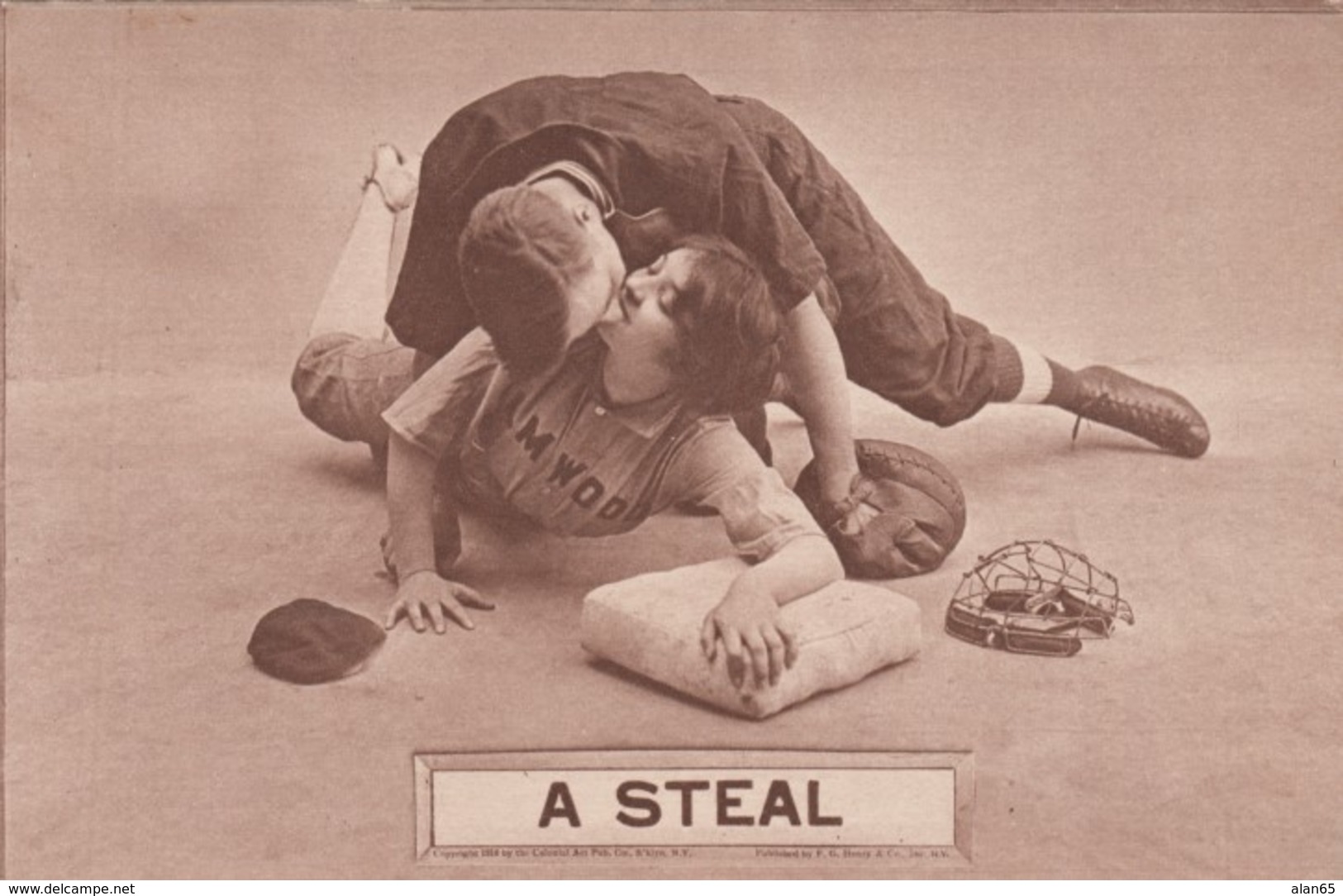 Romance Baseball Theme 'A Steal' Woman Steals Base Kisses Man, 1900s/10s Vintage Postcard - Couples