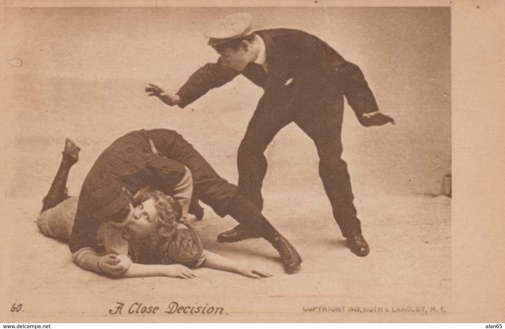 Romance Baseball Theme 'A Close Decision' Woman & Man Kiss On Base Umpire Calls Safe, 1900s Vintage Postcard - Couples