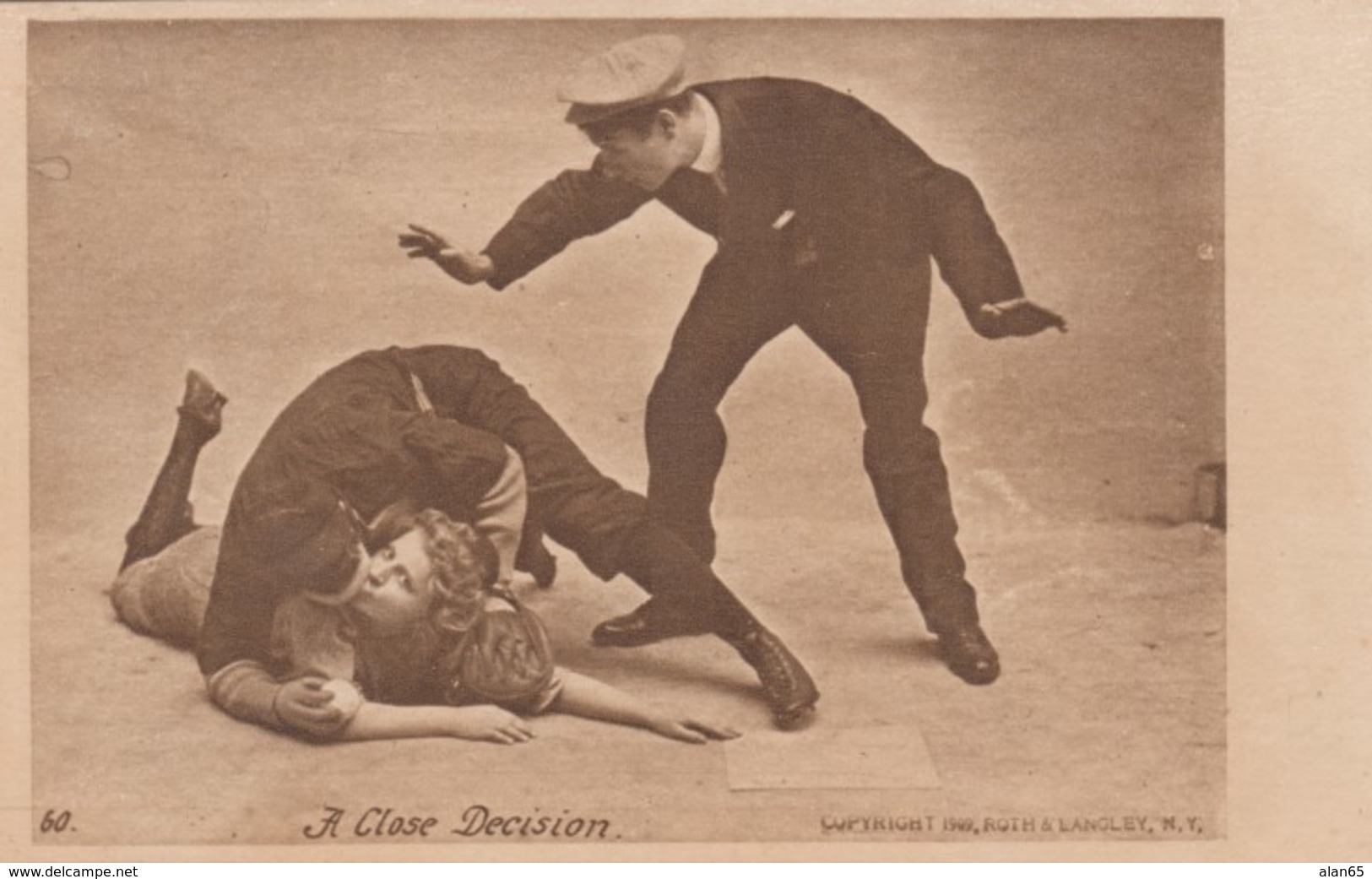 Romance Baseball Theme 'A Close Decision' Woman & Man Kiss On Base Umpire Calls Safe, 1900s Vintage Postcard - Couples