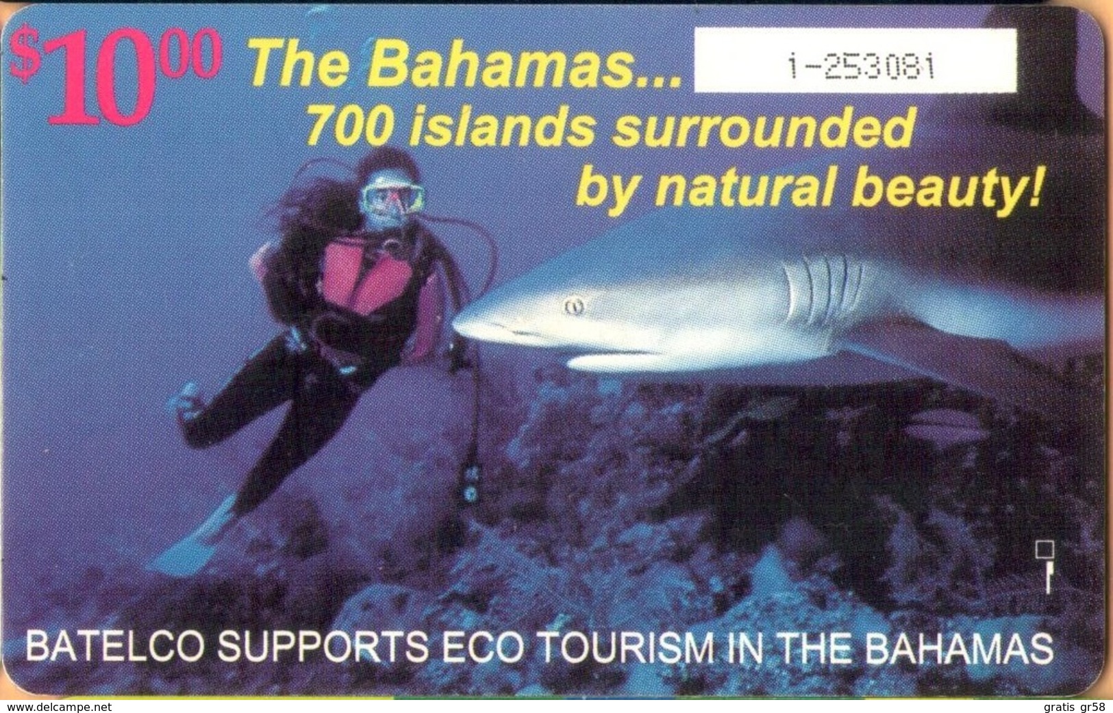 Bahamas - BS-BAT-0009, Eco Tourism, Diving (Scuba-Snorkelling), Sharks, 10$, 1996, Used - Bahamas