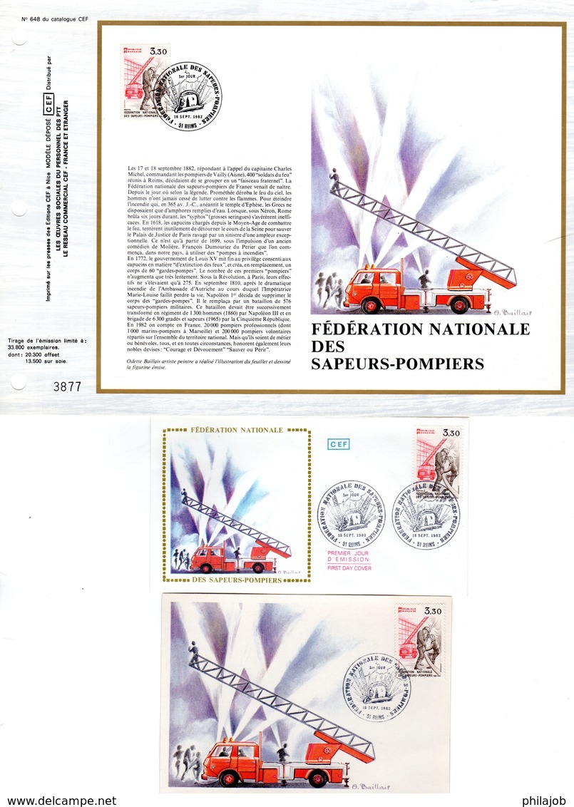 " SAPEURS-POMPIERS " Sur LOT (Feuillet CEF + Enveloppe 1er Jour + Carte Maximum) De 1982 N° YT 2233 Parf état FDC - Feuerwehr