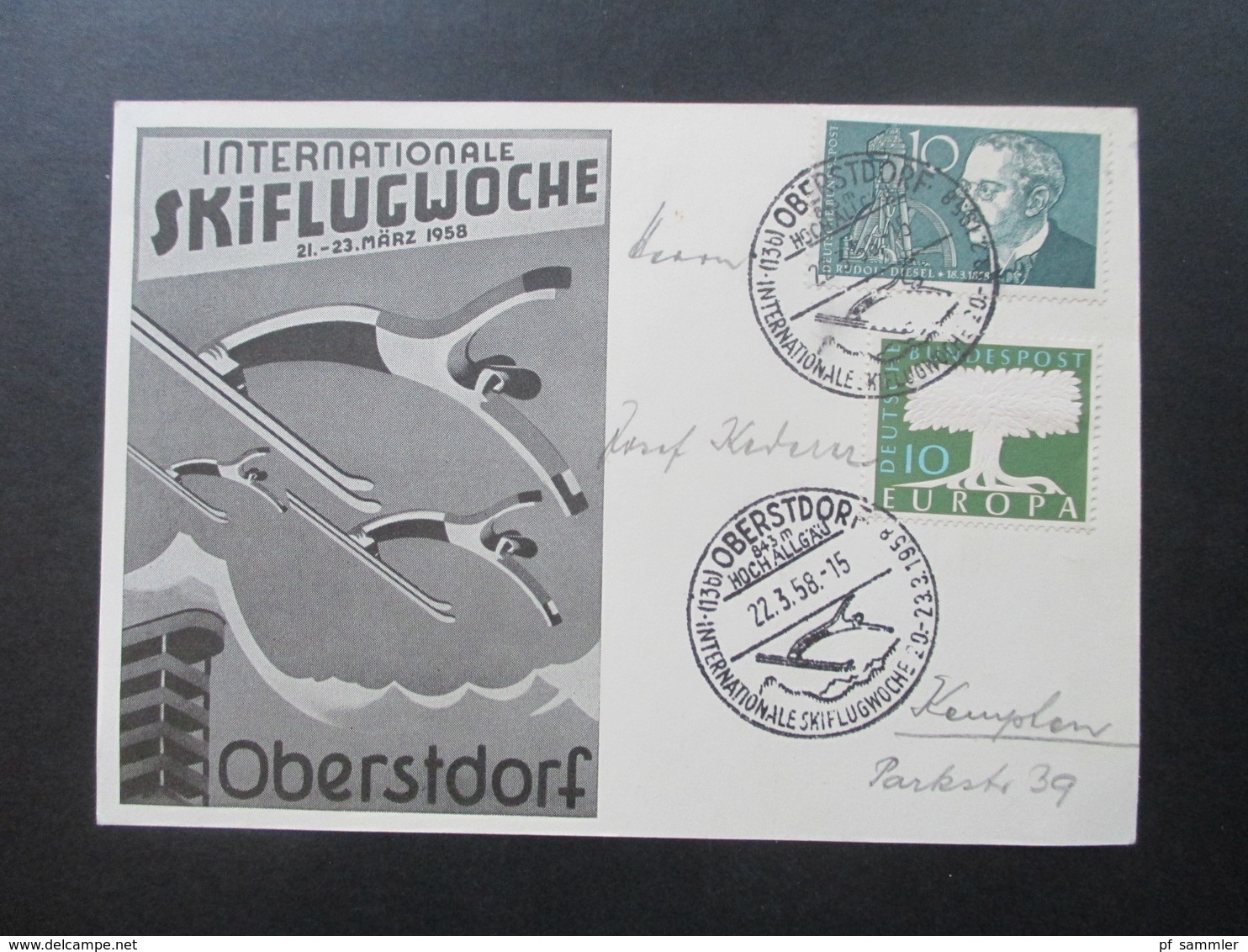 BRD Sonderkarte 1958 Internationale Skiflugwoche Oberstdorf Sonderstempel Hochallgäu. Skispringen - Briefe U. Dokumente