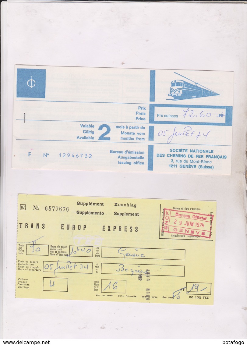 TICKET VOYAGE SNCF TRANS EUROP EXPRESS, GENEVE A BEZIERS En 1974! - Europe