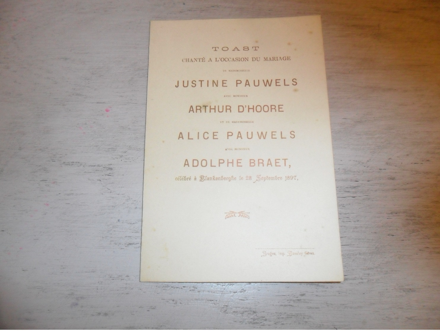 Document ( 400 ) Chanson Zang Lied Huwelijkslied Mariage Huwelijk Pauwels - D' Hoore  Pauwels - Braet  Blankenberge 1897 - Vocales