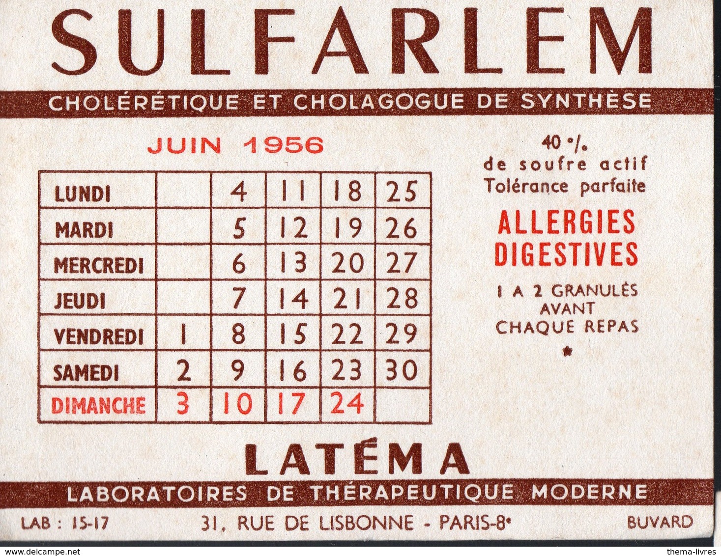 Paris 8e : Rue De Lisbonne : Buvard SULFARLEM  Calendrier Juin 1956  (PPP15575) - Chemist's