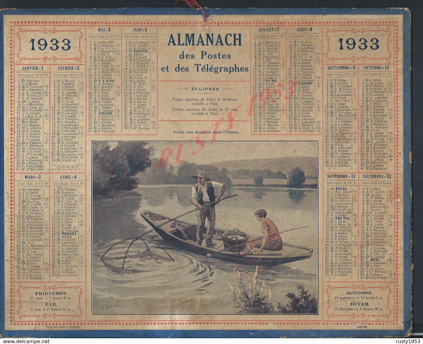 CALENDRIER DE 1933ALMANACH DES POSTES & DES TÉLÉGRAPHES SUJET PÉCHE AUX GOUJONS DANS L YONNE PETITE DECHIRURE : - Grand Format : 1921-40