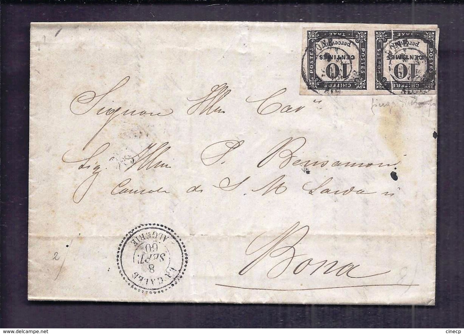 PLI DIPLOMATIQUE ALGERIE 8 Sept 1860 Consulat De Sardaigne à La Calle Vers Bone Taxe 10c X2 Perlé - 1859-1959 Lettres & Documents