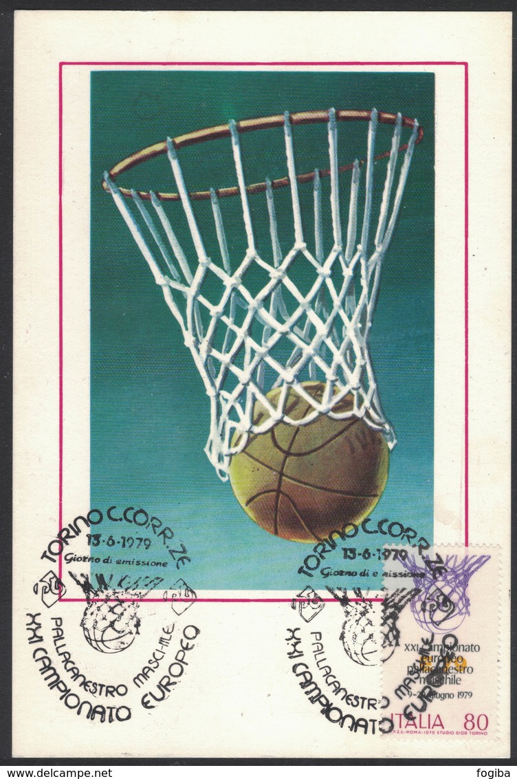 ZN31   BASKETBALL, MEN EUROPEAN CHAMPIONSHIP, MAXICARD, CARTES MAXIMUM, OBLIT FDC, 1979, ITALY - Basket-ball