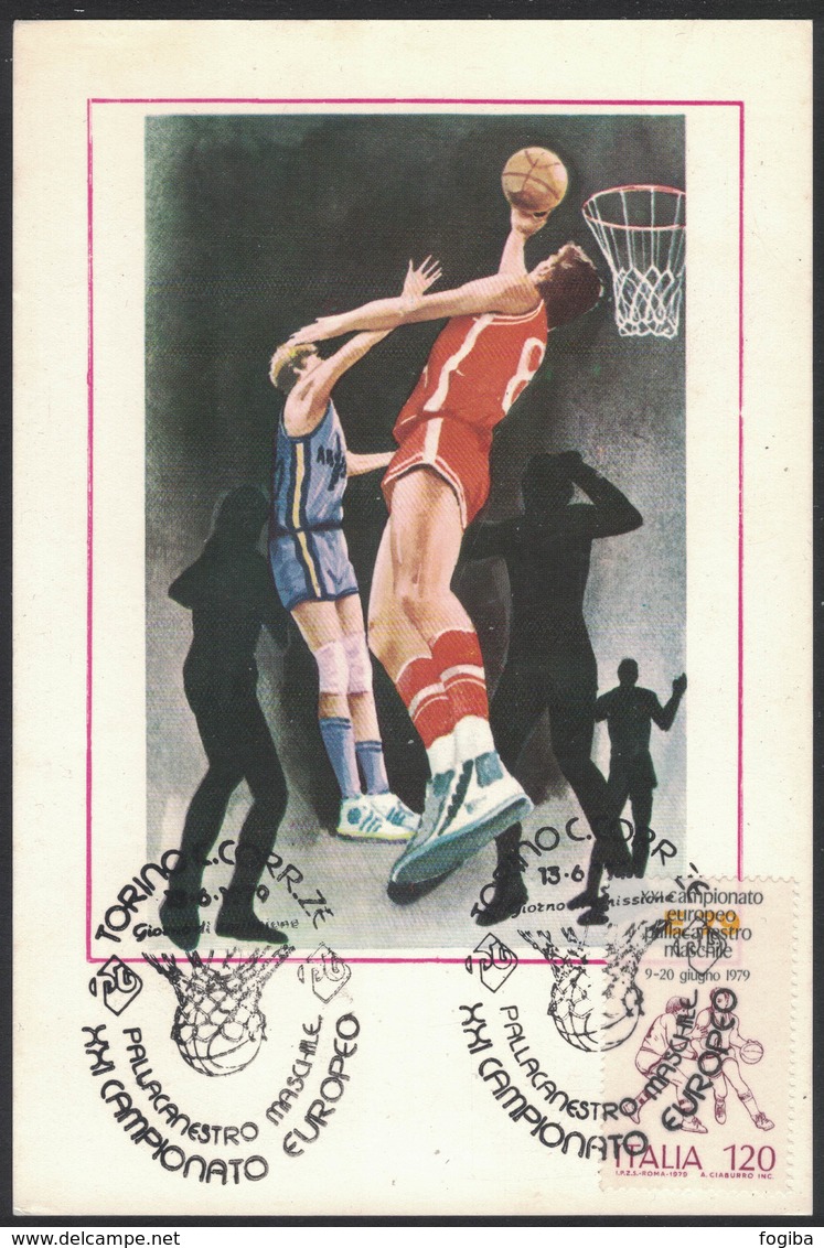 ZN32   BASKETBALL, MEN EUROPEAN CHAMPIONSHIP, MAXICARD, CARTES MAXIMUM, OBLIT FDC, 1979, ITALY - Pallacanestro