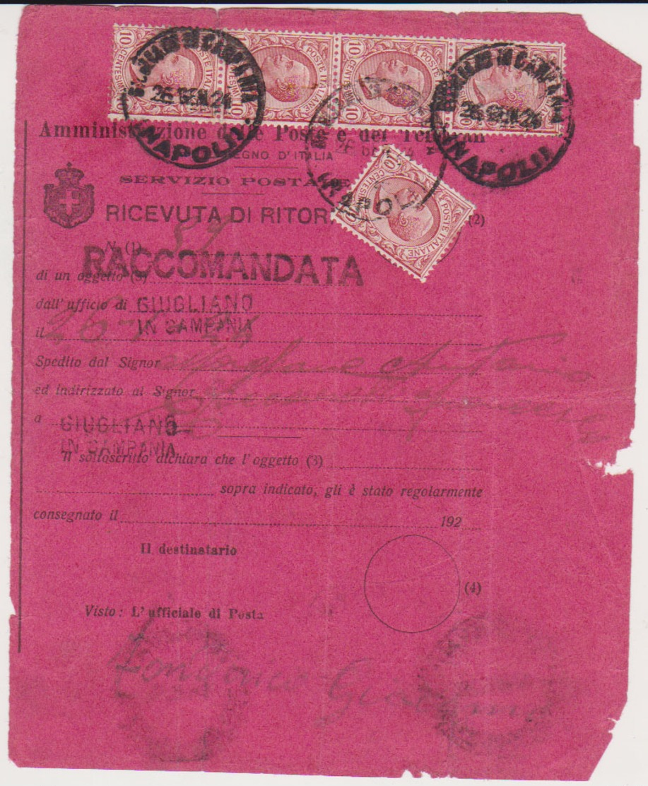 REGNO STORIA POSTALE 1924 RICEVUTA DI RITORNO RACCOMANDATA CON 5 VALORI DA 10 CENT. TIPO LEONI GIUGLIANO IN CAMPANIA - Storia Postale