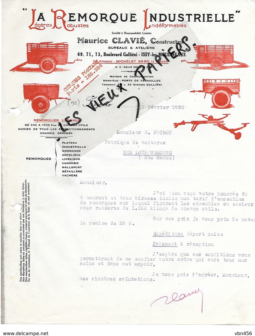 92 - Hauts-de-seine - ISSY-LES-MOULINEAUX - Facture CLAVIE - Construction De Remorques - 1935 - REF 108D - 1900 – 1949