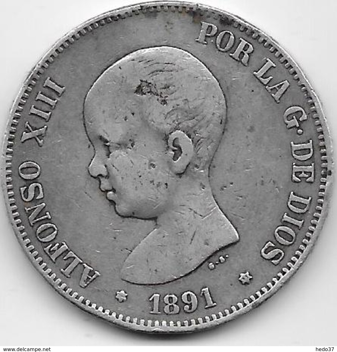 Espagne - 5 Pesetas - Alfonso XIII - 1891 - Argent - First Minting