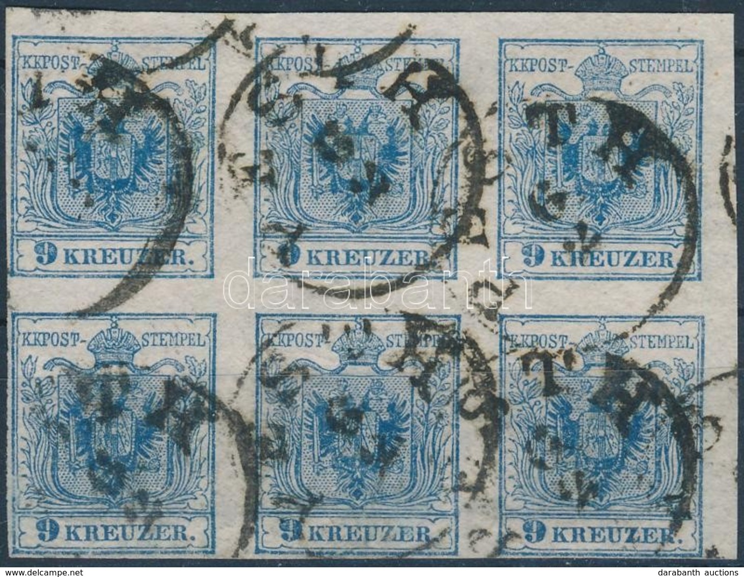 O 1850 9kr HP III. Hatostömb / Block Of 6 (Ferchenbauer EUR 3.000,-) - Autres & Non Classés