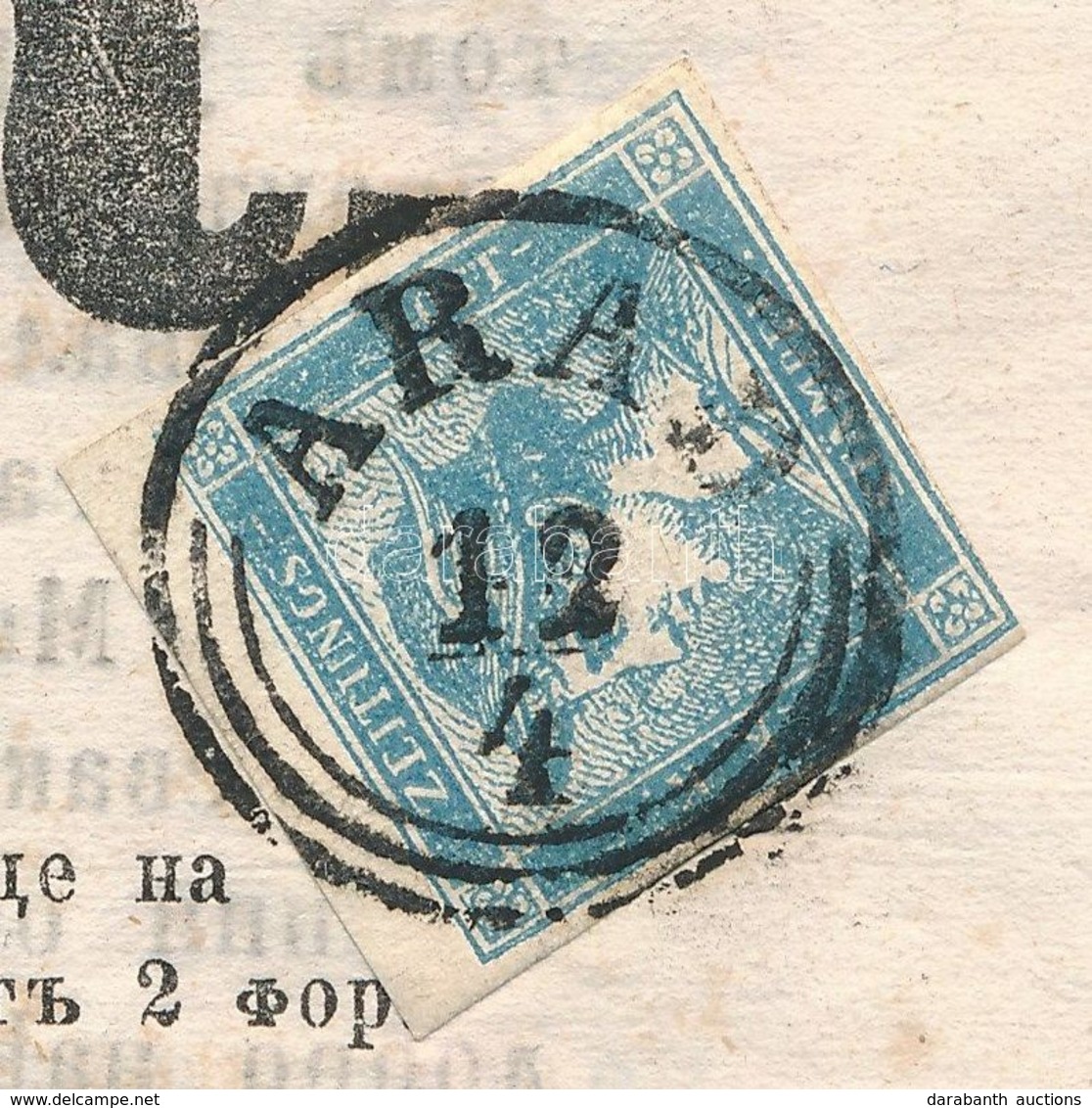 1851 Kék Merkúr Hírlapbélyeg, Felül Teljes/óriási ívszéllel, 1854-es újságon / Newspaper Stamp With Large Margin On News - Sonstige & Ohne Zuordnung