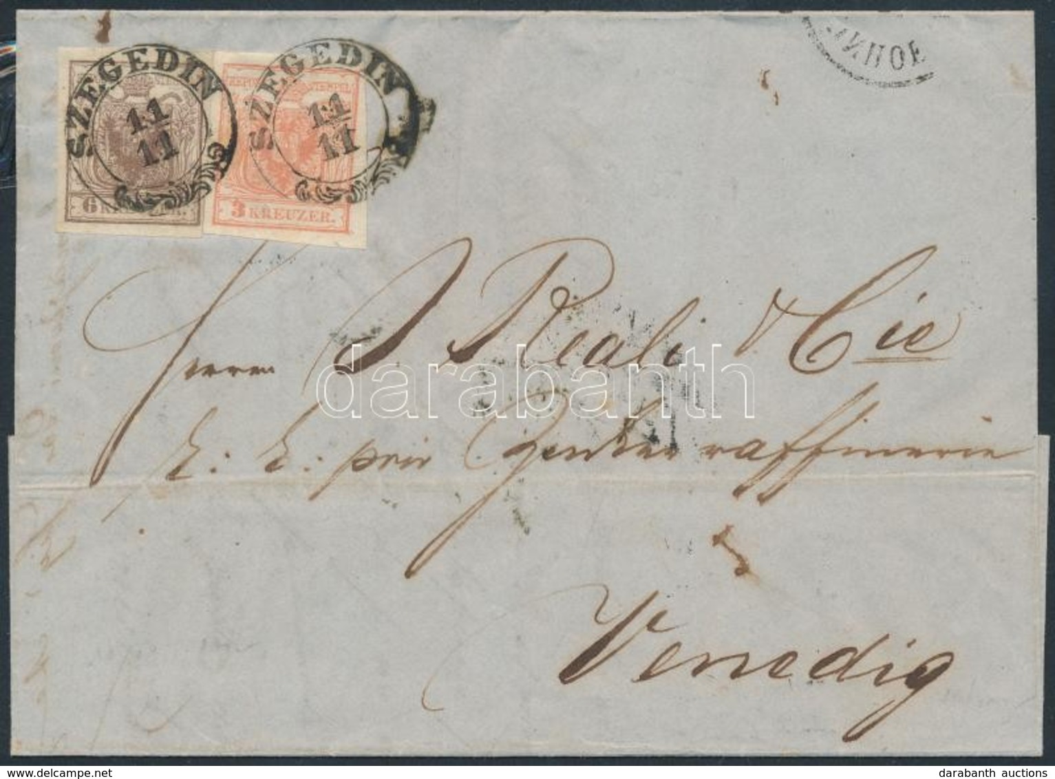 1851 3kr + 6kr Levélen / On Cover 'SZEGEDIN' - 'SÜDBAHNHOF WIEN' - 'VENEZIA' - Autres & Non Classés