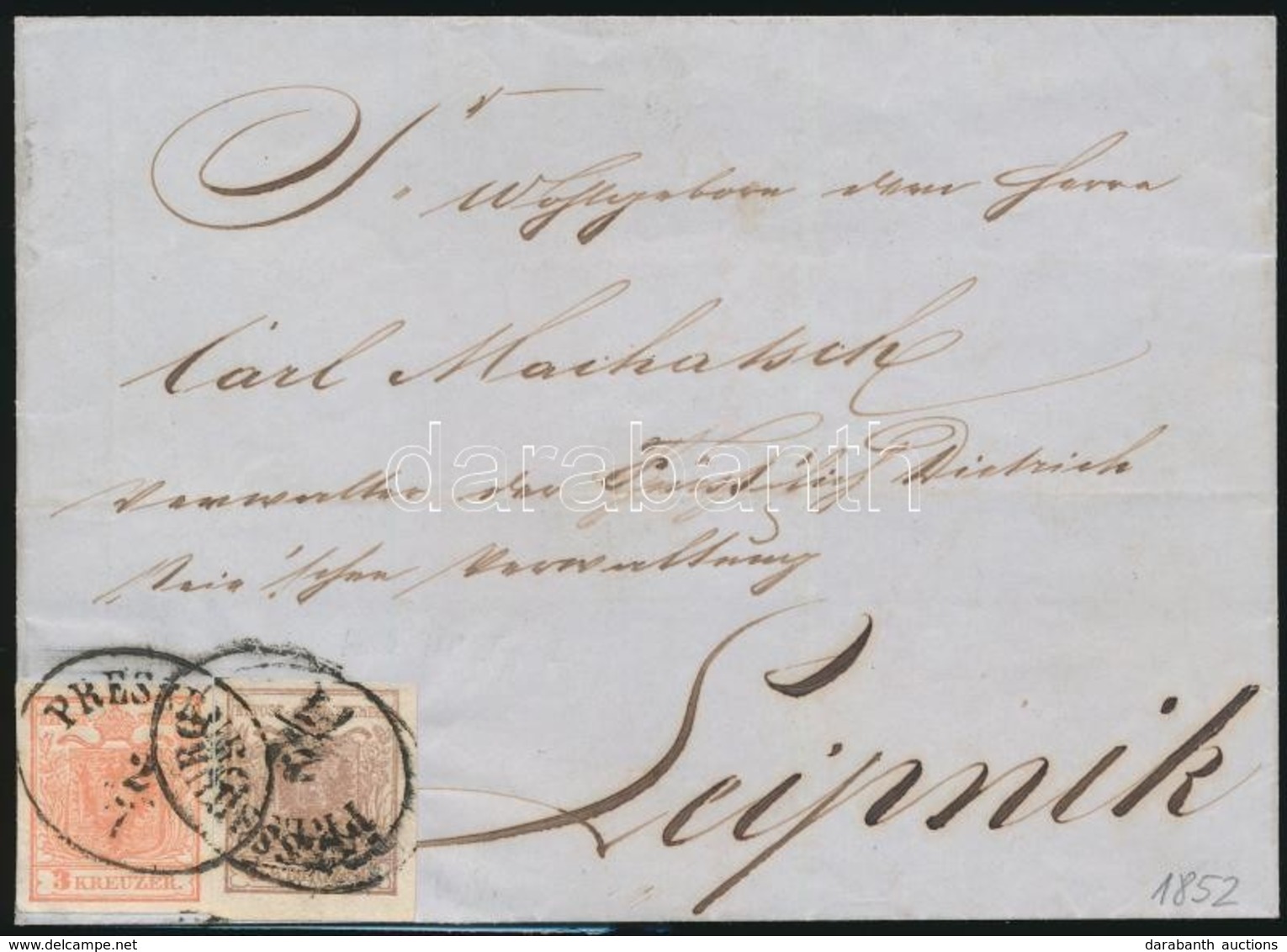 1852 6kr + 3kr HP Levélen / On Cover 'PRESSBURG' - Leipnik - Sonstige & Ohne Zuordnung