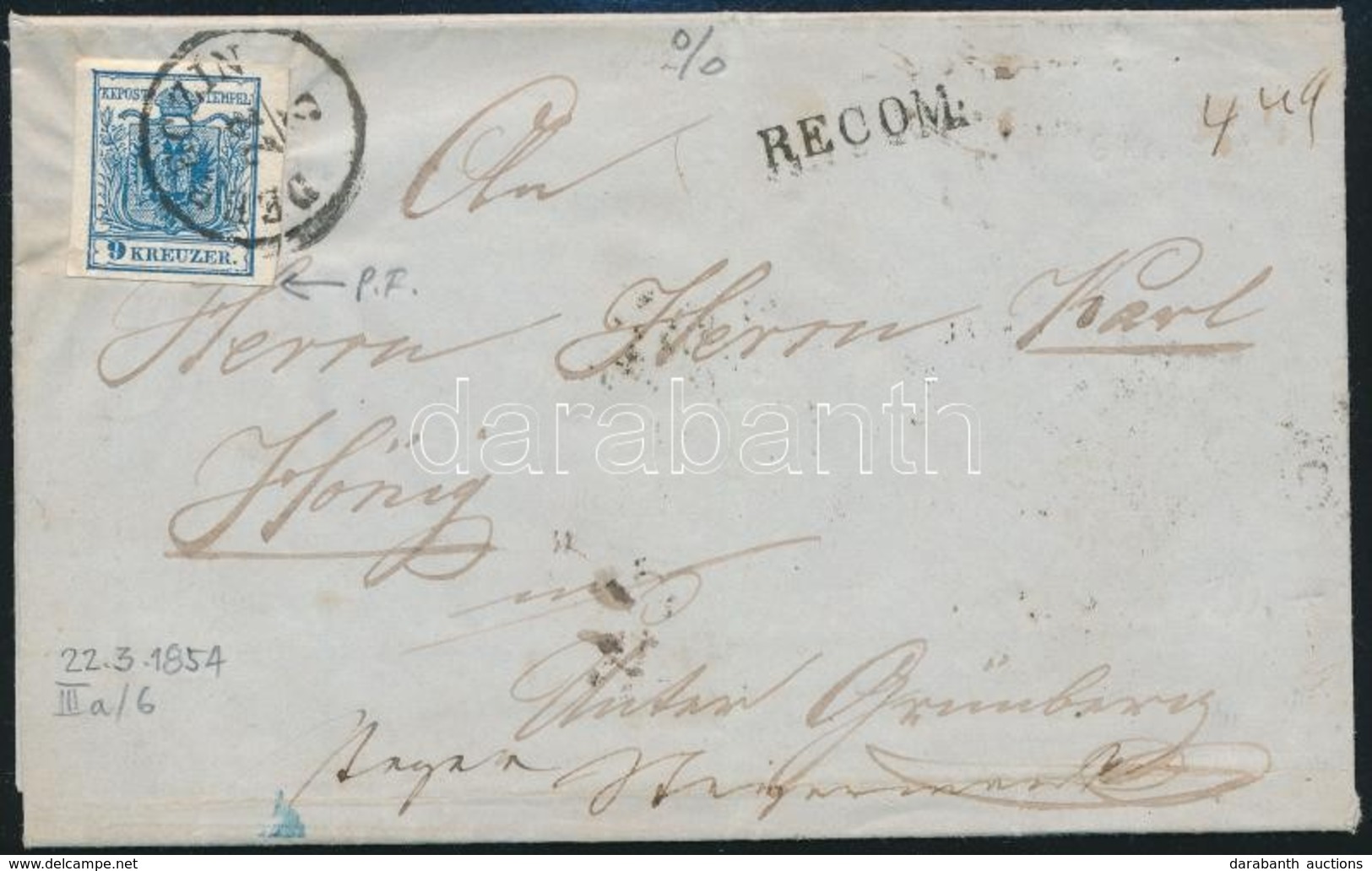 1854 9kr Lemezhibával + A Hátoldalon 6kr HP Ajánlott Levélen / 9kr With Plate Flaw + 6kr HP On The Backside On Registere - Autres & Non Classés