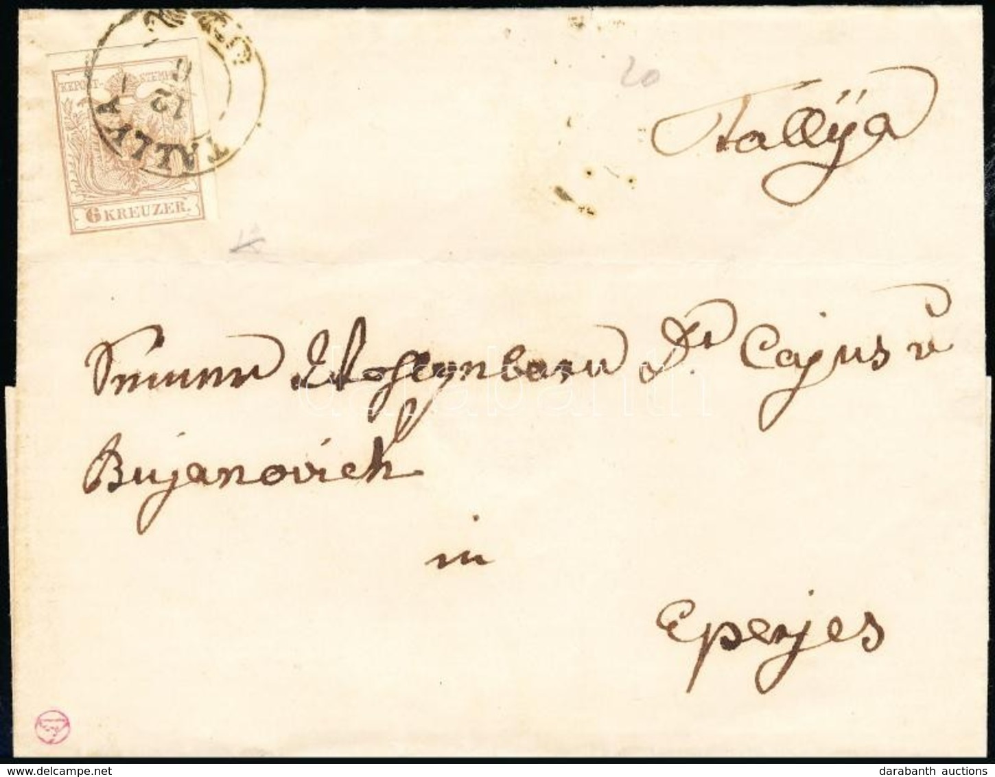 1856 6kr Levélen / On Cover 'TÁLLYA' - 'KASCHAU' - 'EPERJES' - Autres & Non Classés